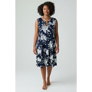 Roz & Ali Navy Blue White Floral Sleeveless Keyhole Ring Dress XL shift dress